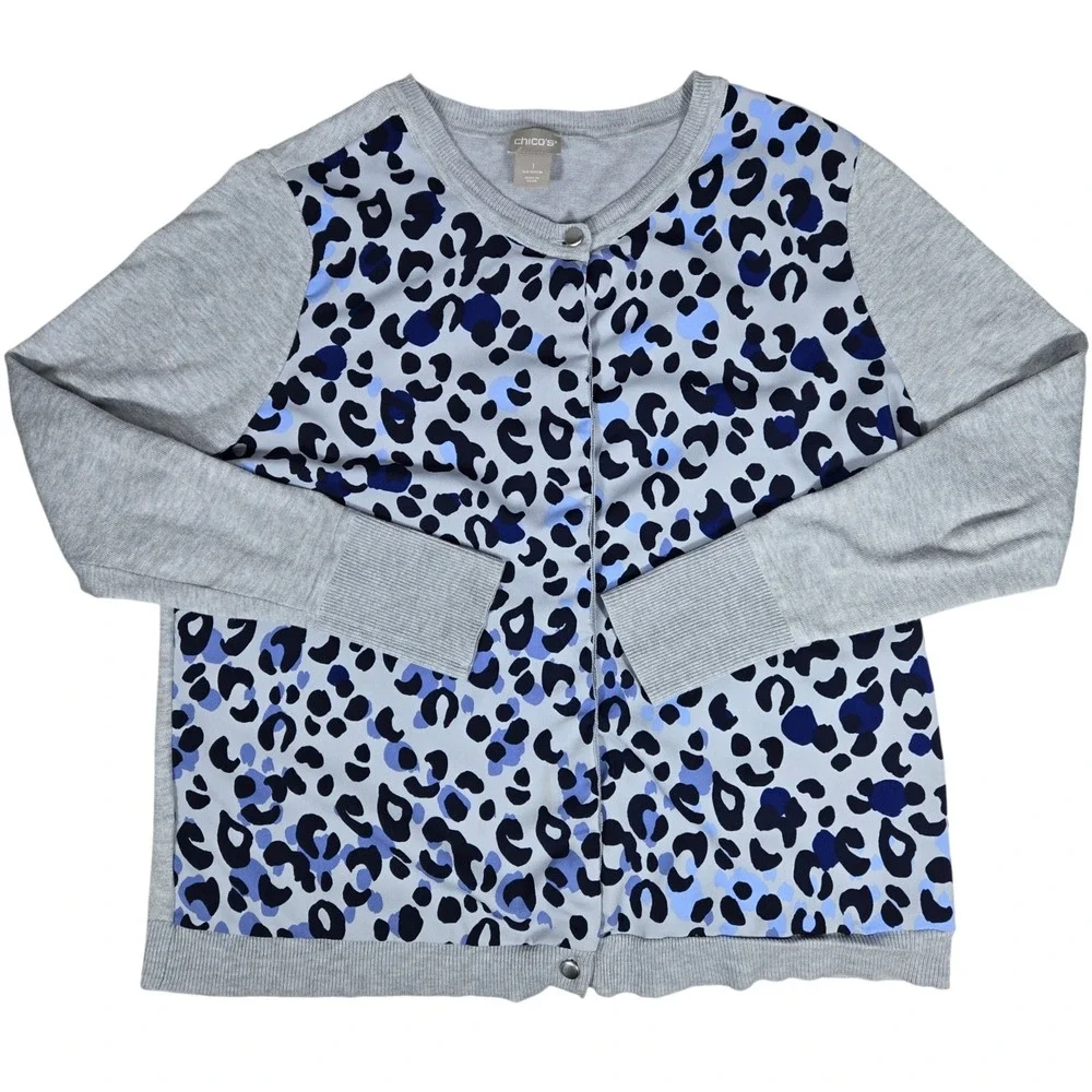 Chico's Grey Blue Leopard‎ Print Mixed Media Button Front Cardigan Sweater M